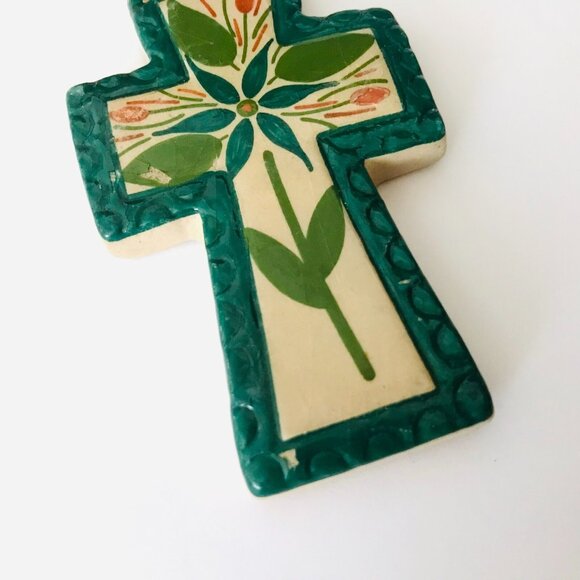 Hecho En Mexico Ceramic Cross Handmade Green 3" Small Wall Decor Mexican - Picture 3 of 6